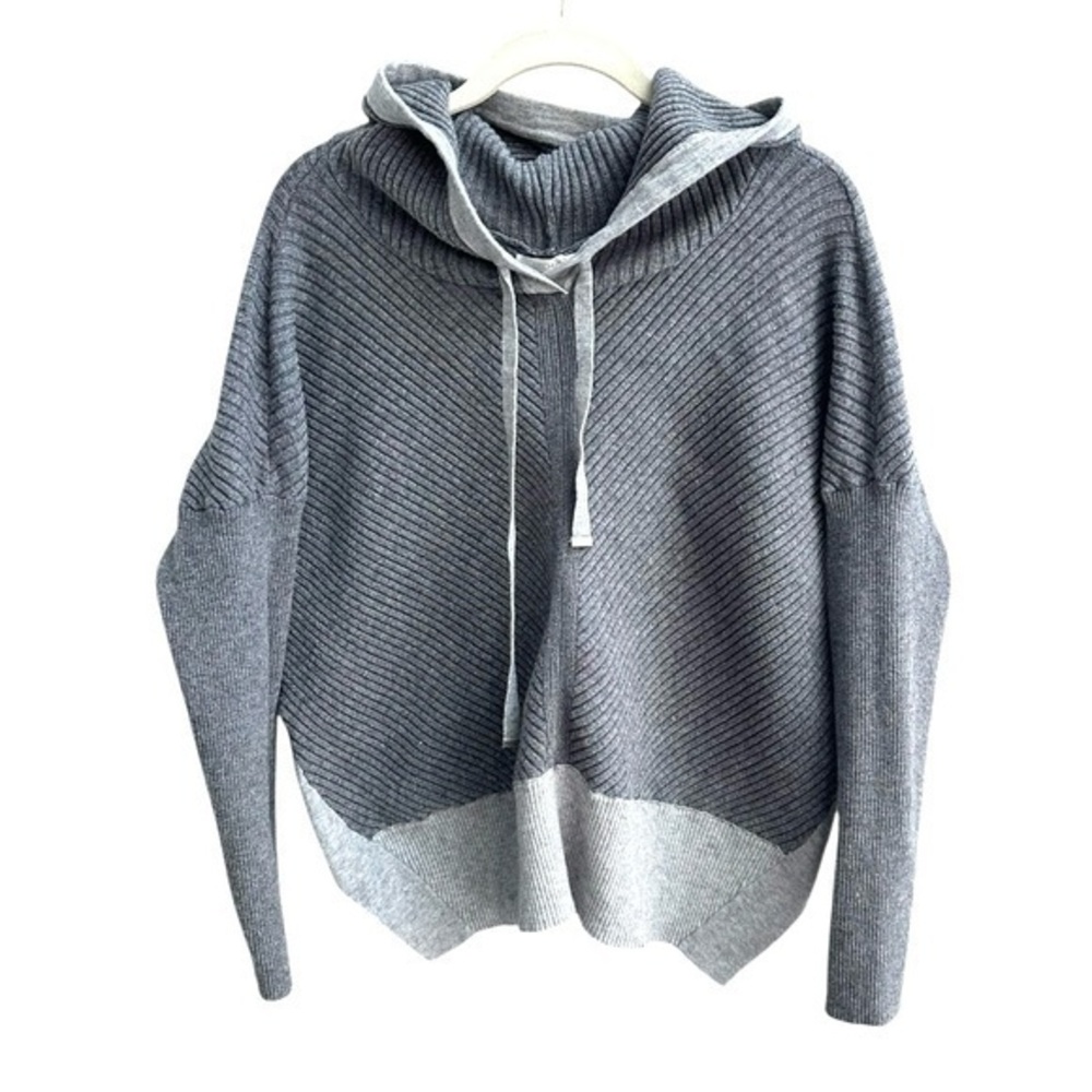 Stitch Drop Ribbed Knit Hoodie Sweater Two-Tone Gray Charcoal Women’s Medium